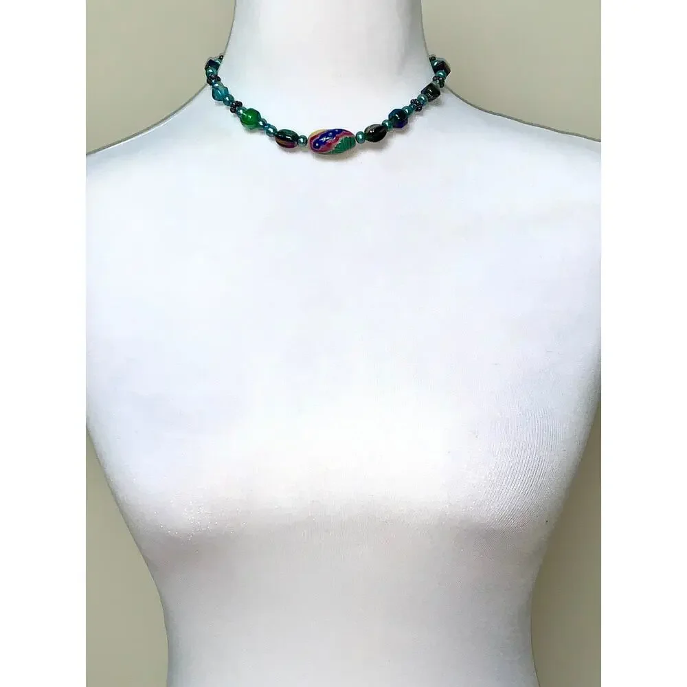 Boho Colorful Painted Iridescent Glass Beaded Choker Statement Necklace